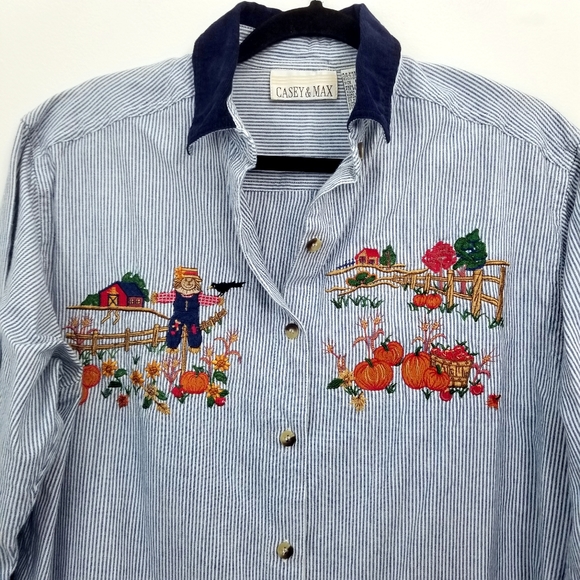 Vintage Casey & Max 90s Autumn Fall Pumpkin Scarecrow Button Down Corduroy Top - Picture 2 of 7